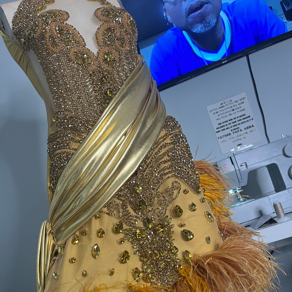 gold feathered homecoming dress